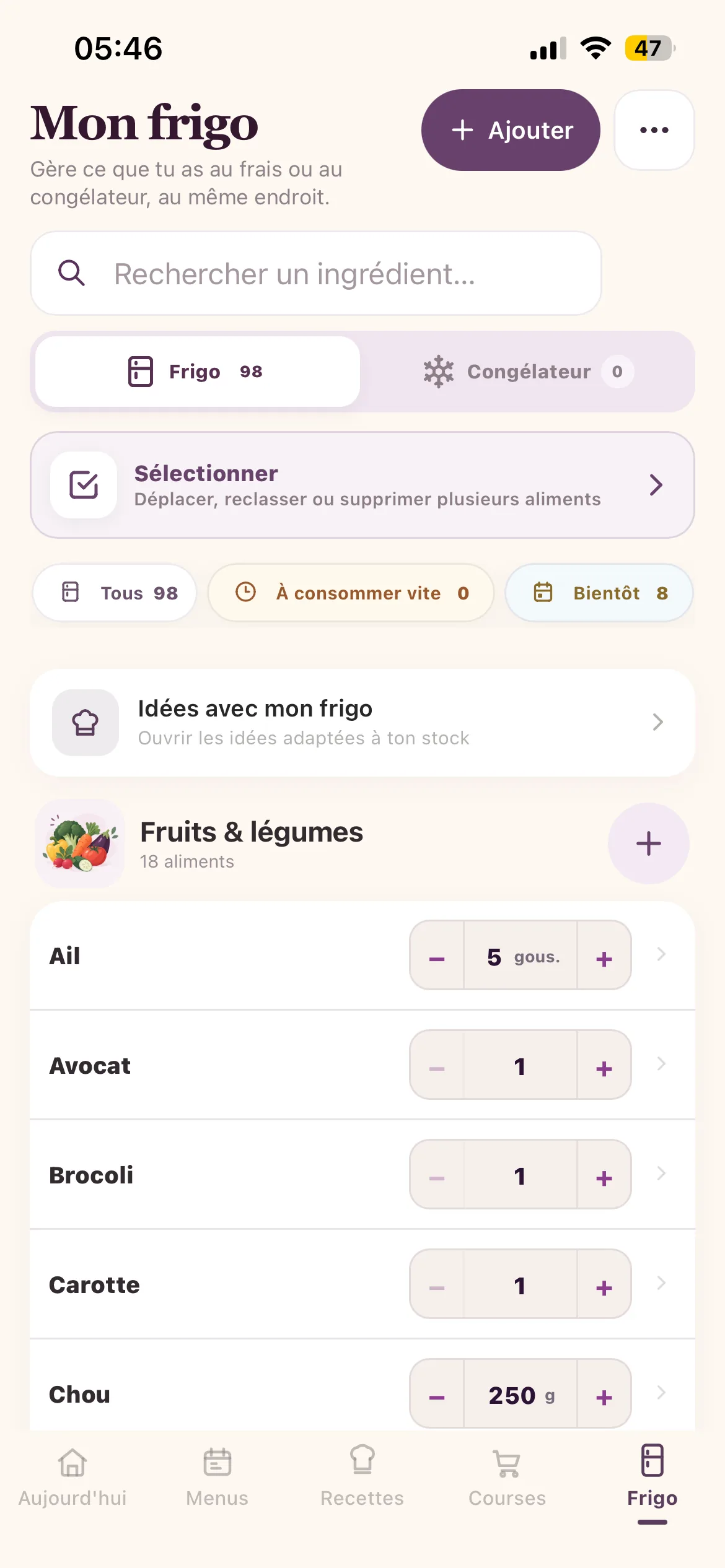 Écran réel Mon frigo de Menumia avec filtres et quantités