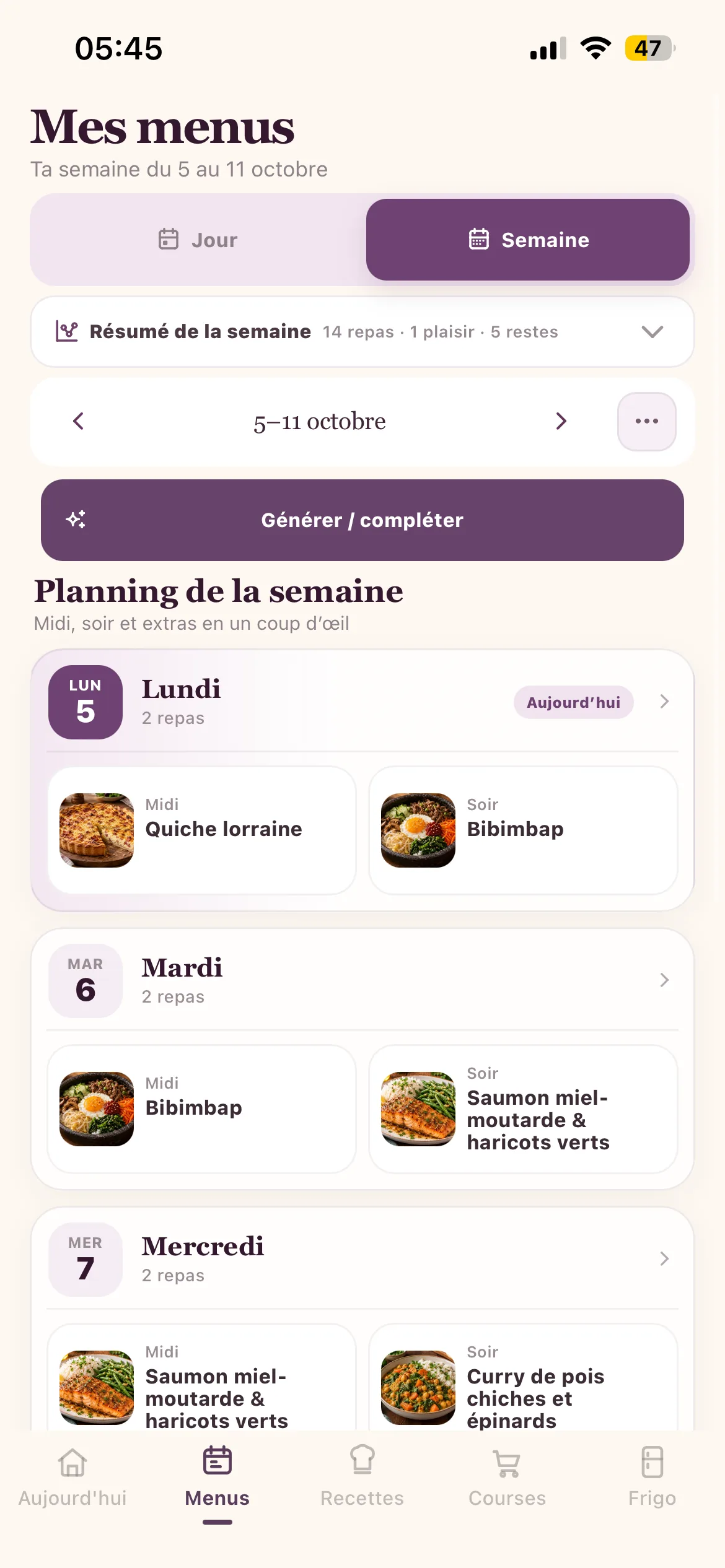 Vue semaine réelle de Menumia avec les repas et les restes planifiés