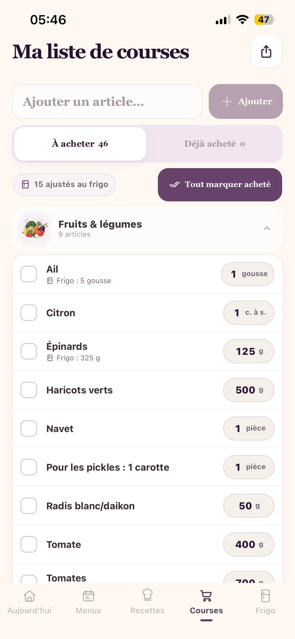 Liste de courses réelle de Menumia ajustée au contenu du frigo